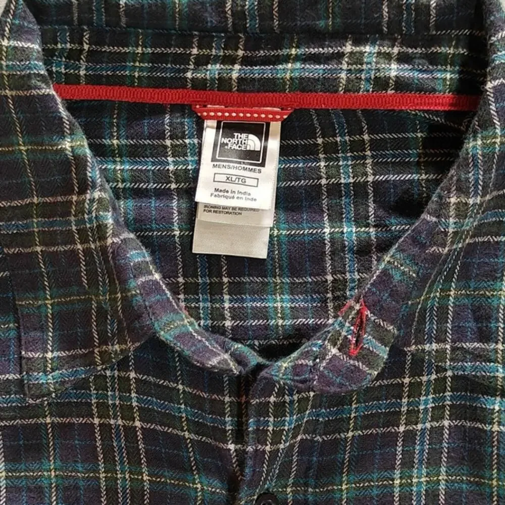 The North Face Plaid Flannel Button Up Shirt Mens XL Tall Blue Green